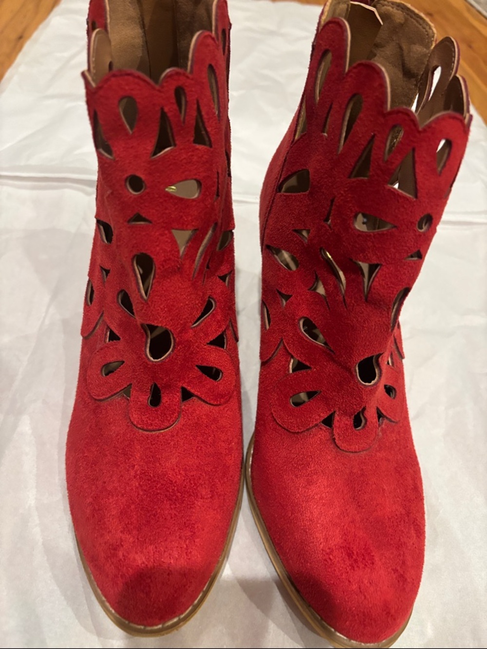 Red Suede Laser-Cut Ankle Booties
